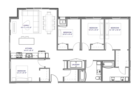 Floor plan for 4 beds, 2 baths, 1400 sqft